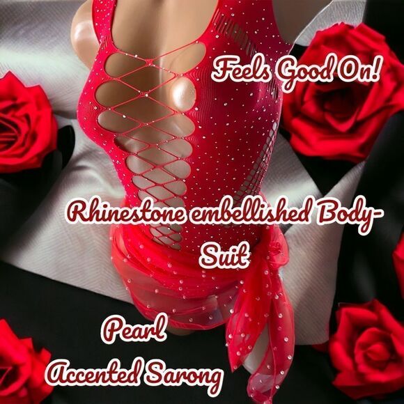 Feels Good On! l Rhinestone Embellished Bodysuit & Pearl Endowed Sarong l New - Picture 2 of 12